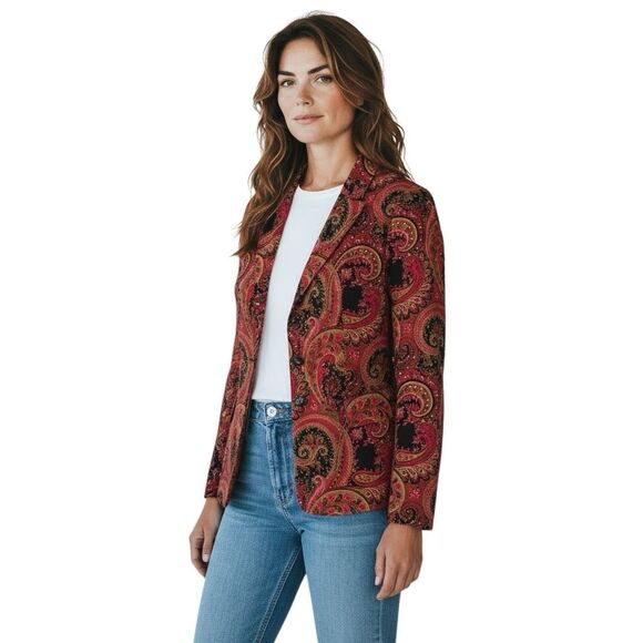 TAHARI Women’s Blazer Size 14 Red Paisley Cotton Stretch Fully Lined Jacket Work - Picture 13 of 14